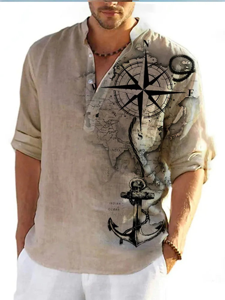 Men's long sleeve striped Hawaiian shirt in thin polyester fabric showing digital print pattern