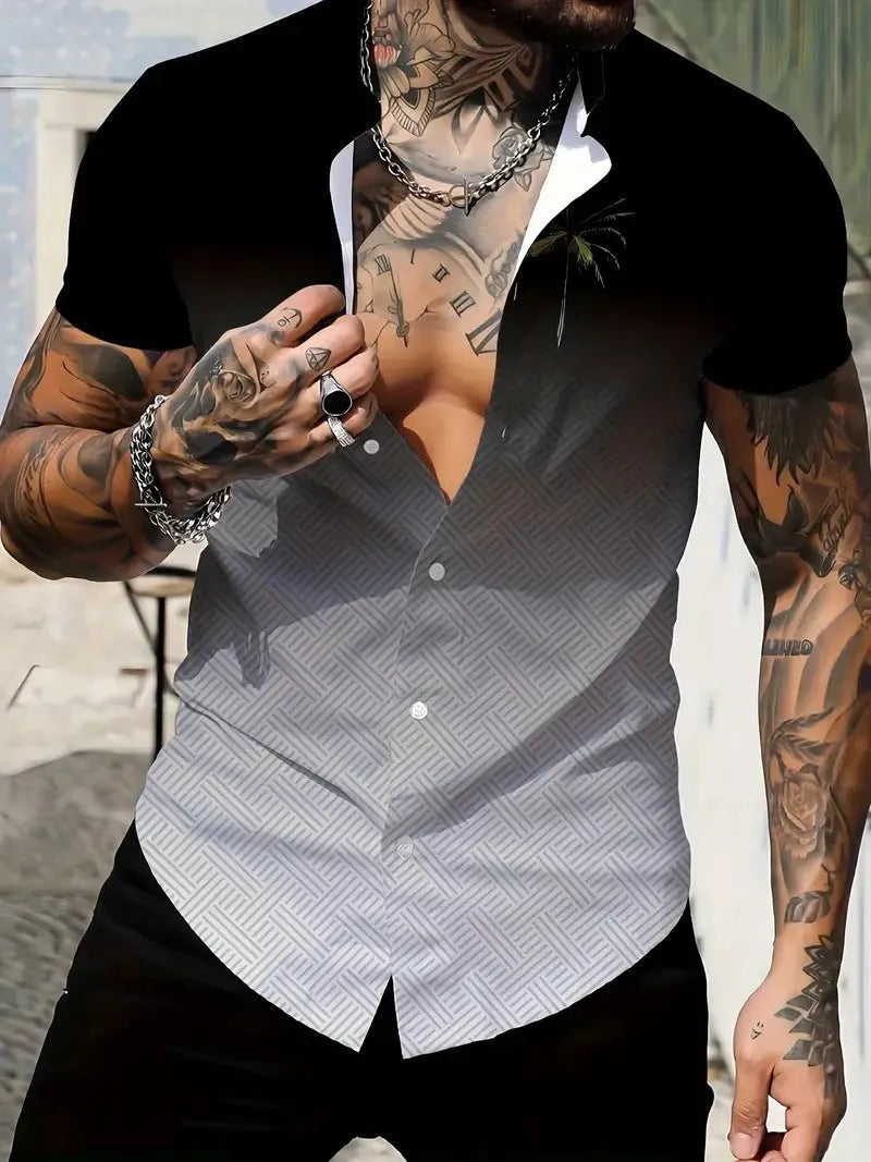 Men's geometric line print lapel short sleeve shirt in slim fit polyester