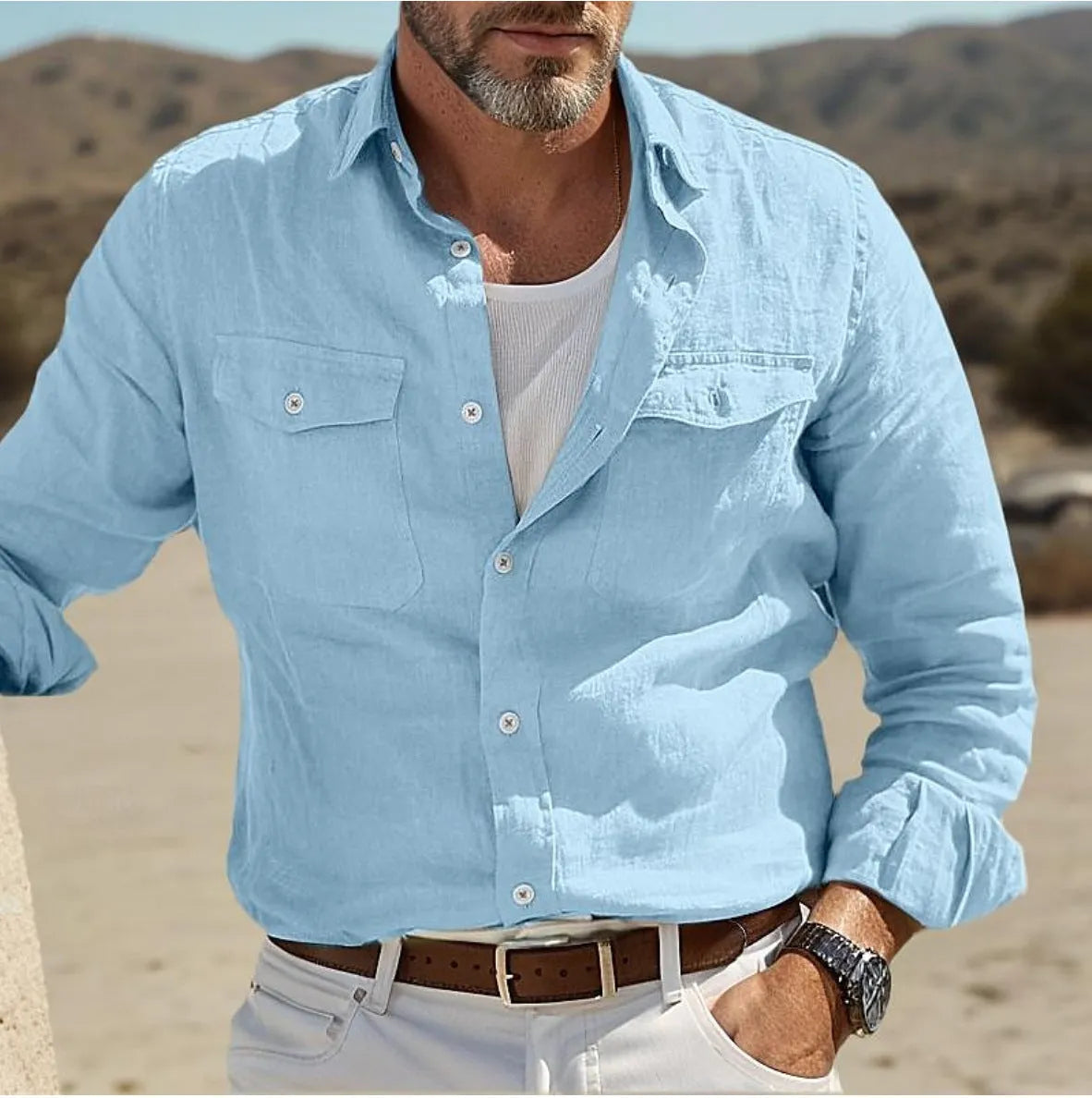 Men's green cotton linen blend long-sleeved shirt showing loose fit design