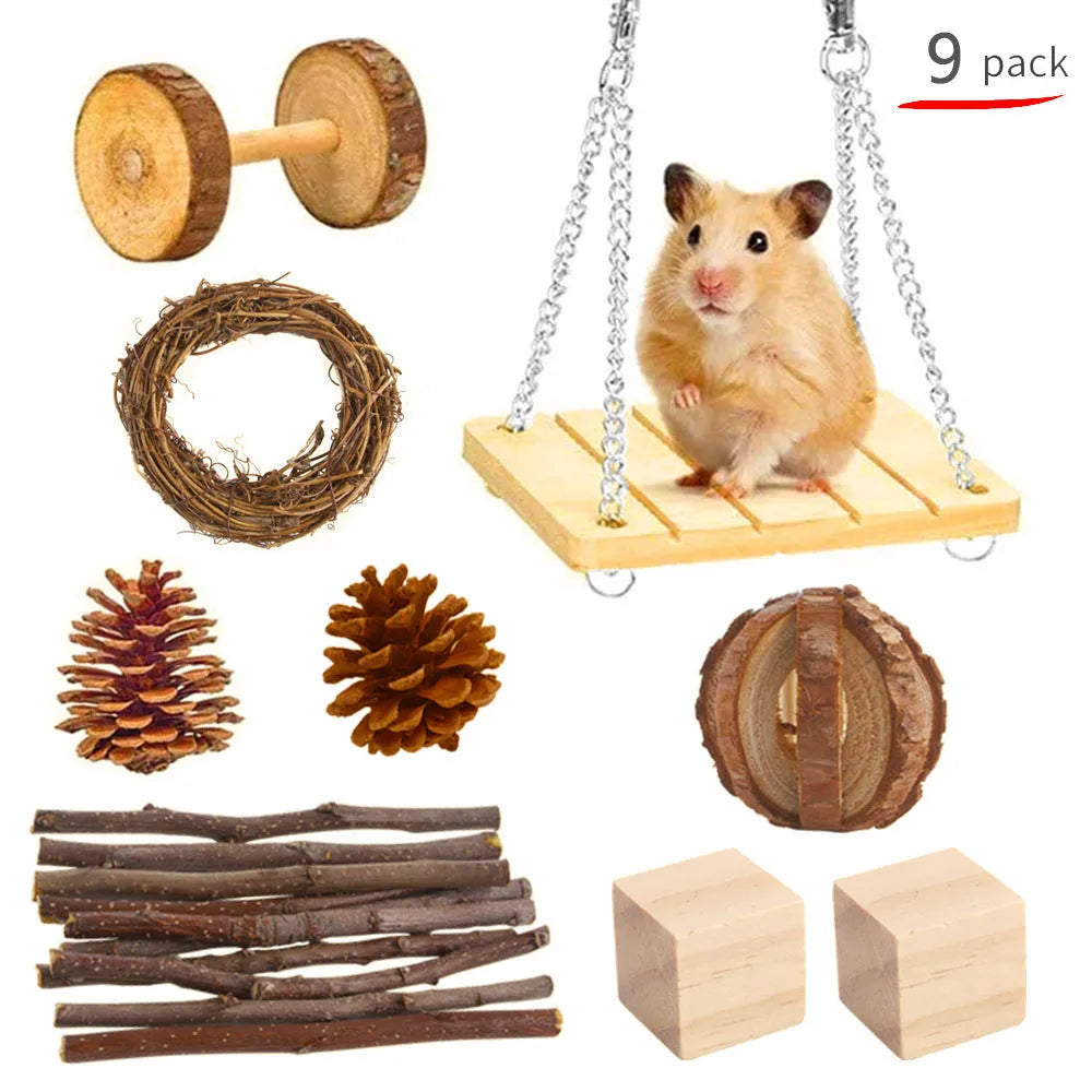 Wooden chew toy sets for rabbits, guinea pigs and parrots with various natural components