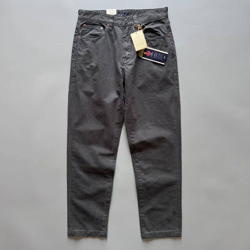 Men's straight-leg cotton trousers in grey, army green, or khaki showing retro casual style.
