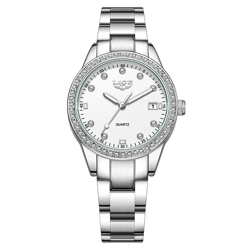 Women's silver fashion watch with diamond bezel, luminous hands and round dial
