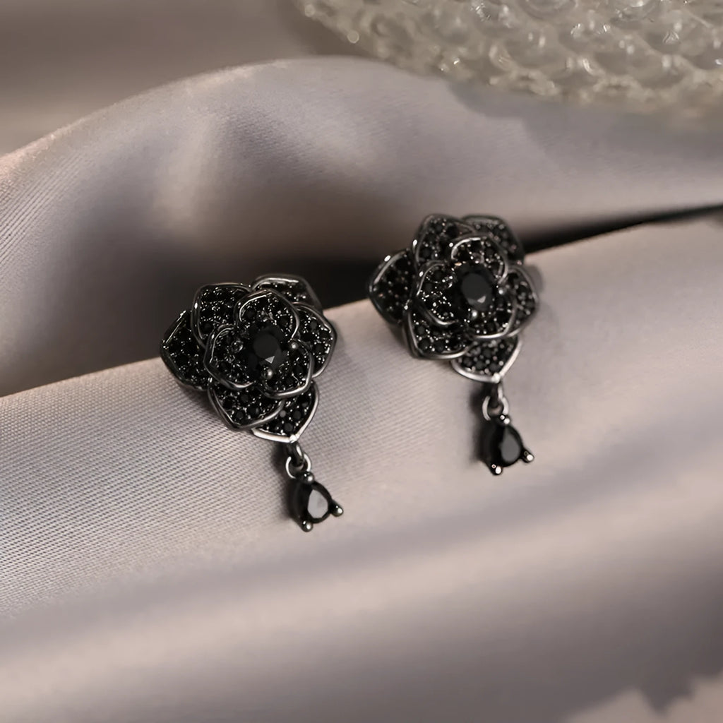Black rose zircon floral stud earrings with 18K gold electroplating