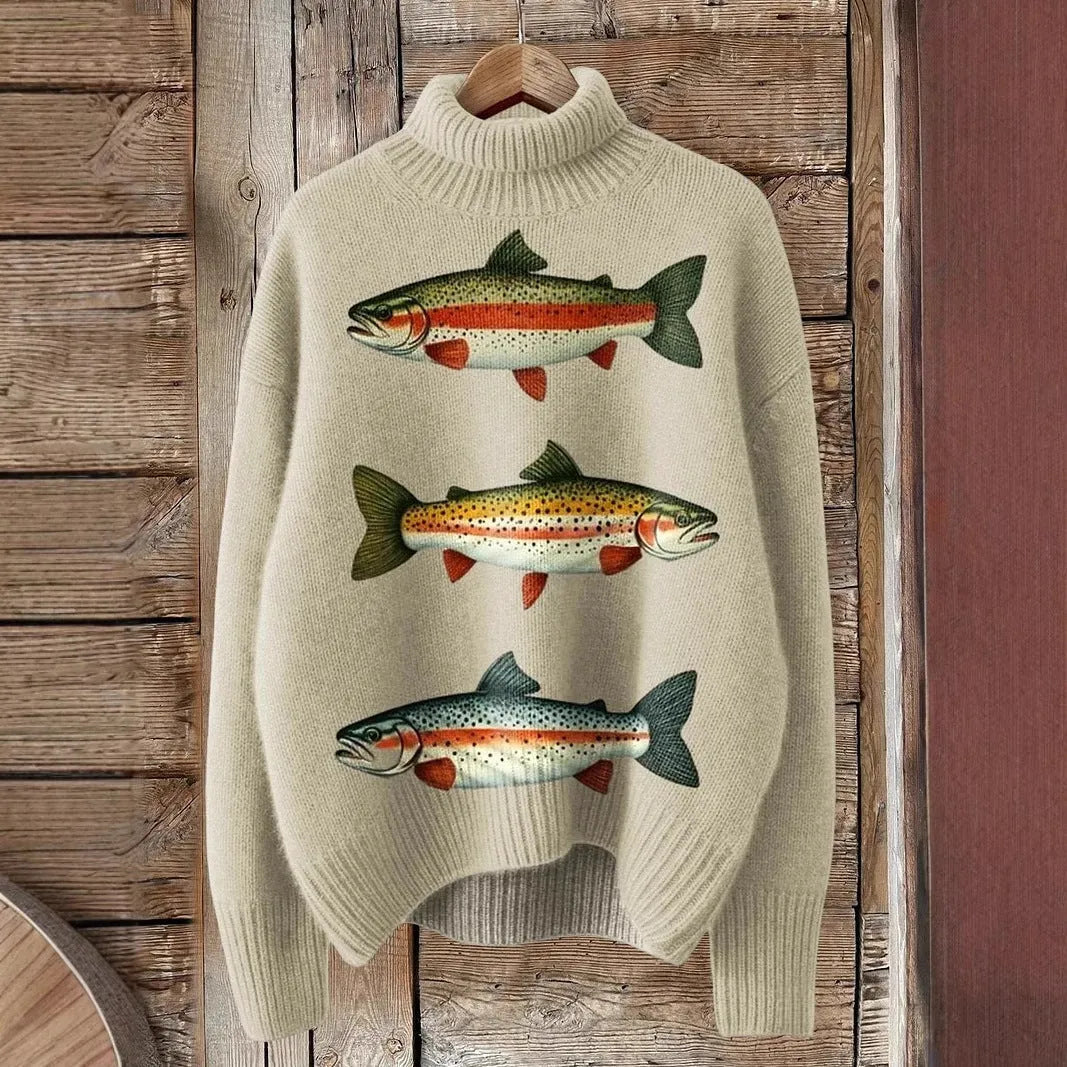 Women's Christmas printed turtleneck sweater showing painting pattern and loose fit