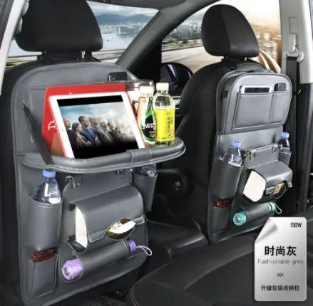 PU leather car seat back storage organiser bag with multiple pockets and built-in trash can function