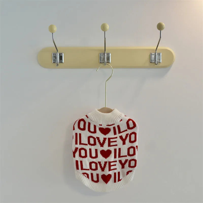Red dog padded warm sweater made from rabbit velvet core-spun yarn on white background