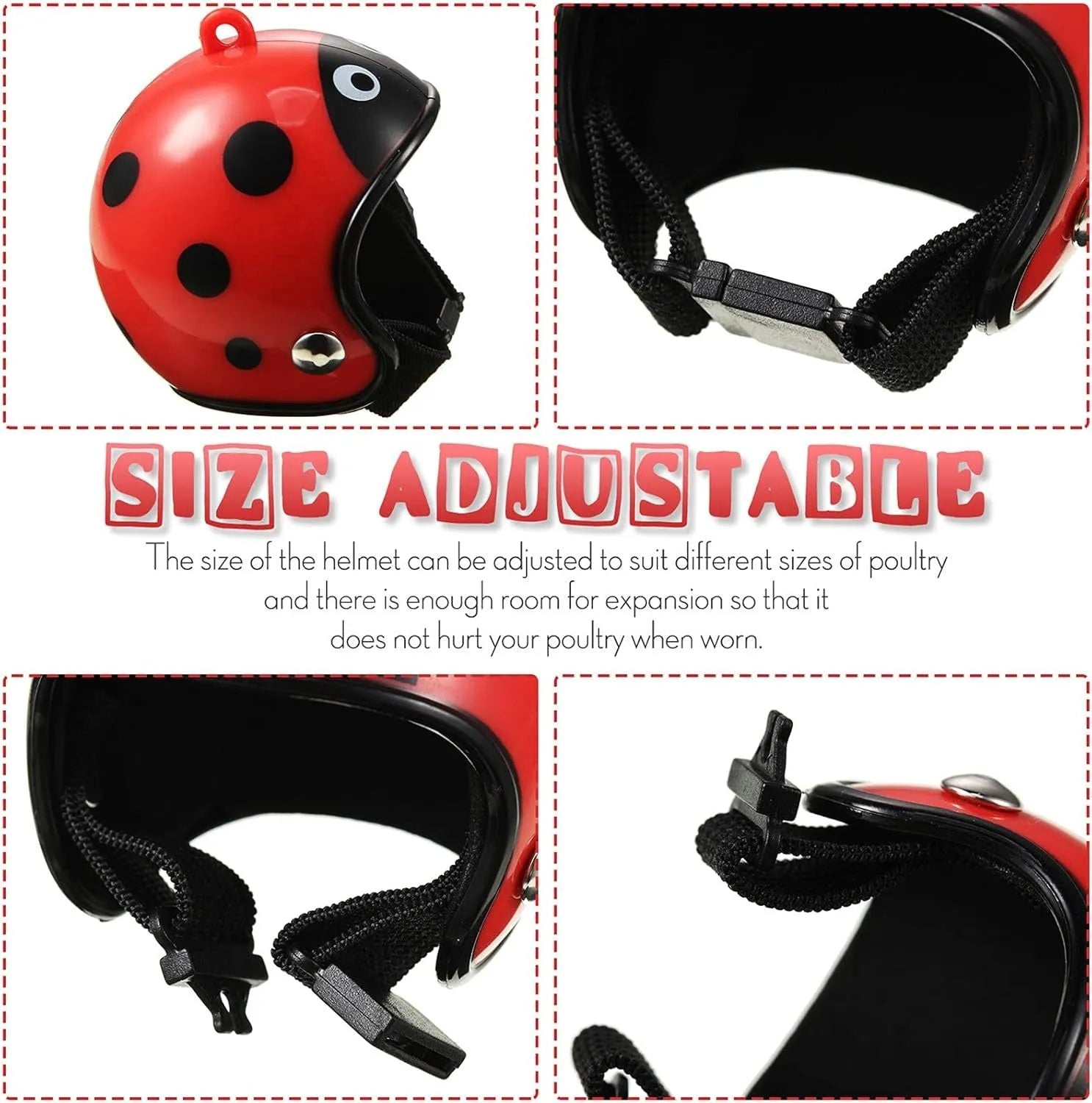 Small hard plastic pet helmet with elastic adjustment straps and sponge lining for chickens and birds