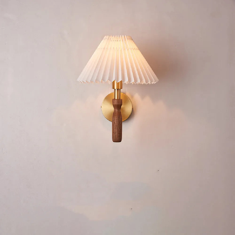 American retro style wooden wall lamp with fabric shade in walnut finish