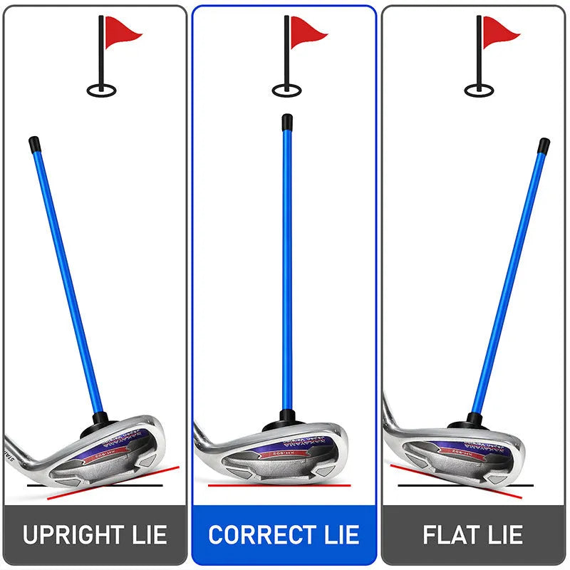 Red and blue magnetic golf swing alignment trainer on practice mat