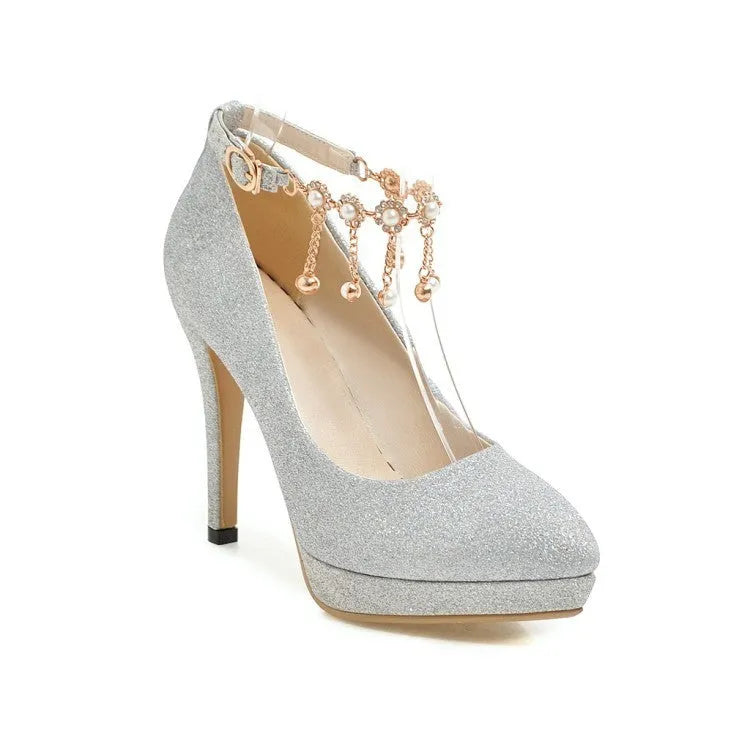 Women's blue platform stiletto high heels with a pointed toe on a white background.