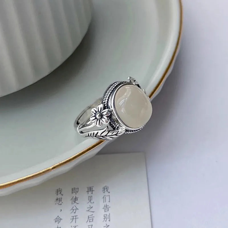 Copper adjustable open mouth vintage ring with white chalcedony imitation stone and U-shaped design
