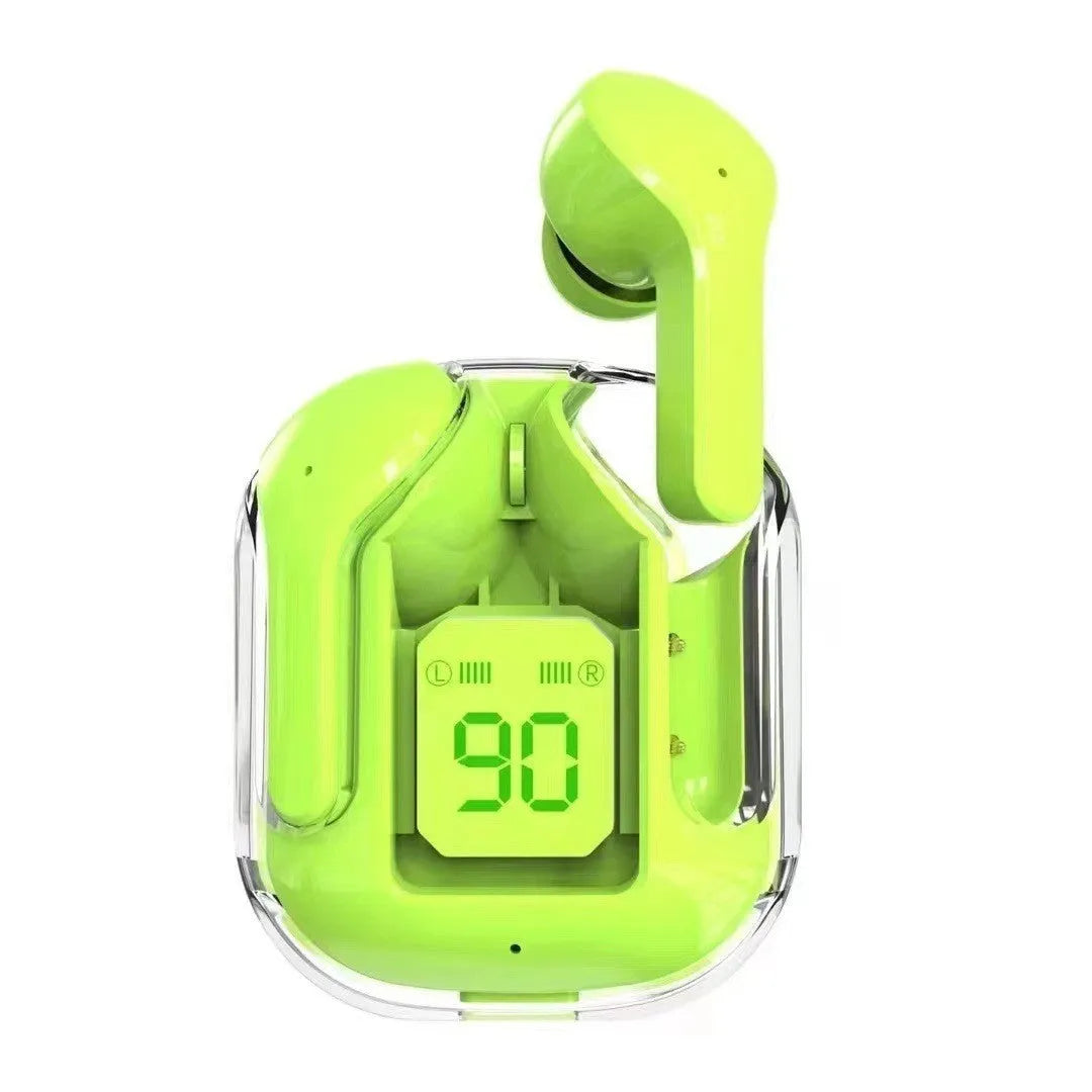 Transparent space capsule case containing true wireless Bluetooth earbuds with digital display screen