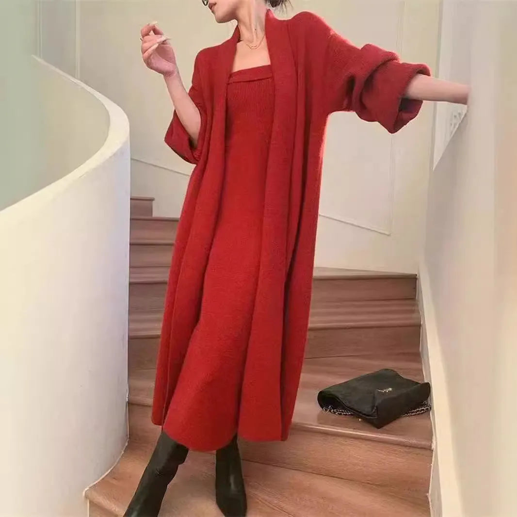 Grey women's knitted cardigan and long dress suit set with flocking detail.