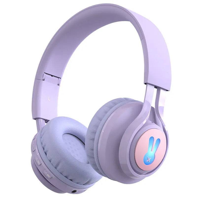 Wireless children's headphones with RGB lights and bunny ears in purple and pink colours