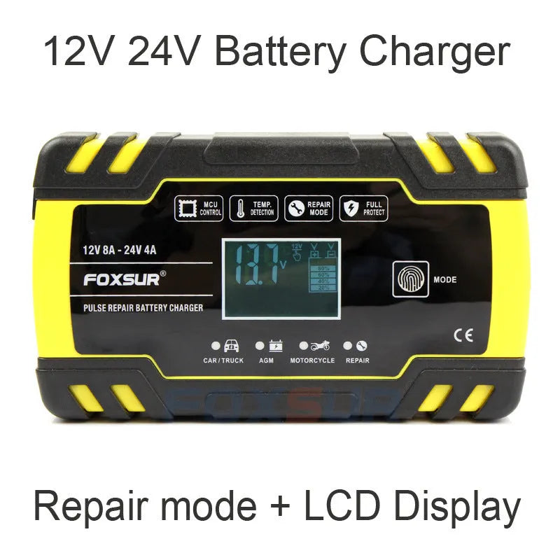 12V 24V battery charger for motorcycles cars trucks with screen display and overcharge protection