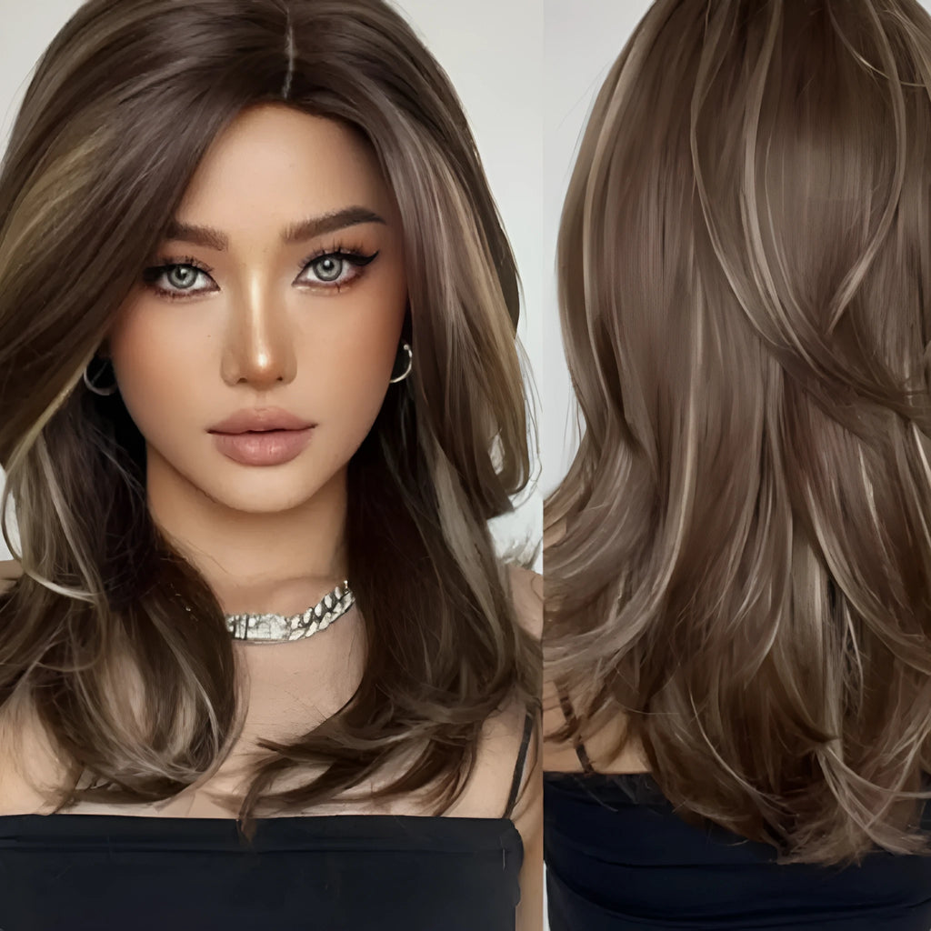 Mid-length platinum gradient synthetic wig with long curly hair and full bangs