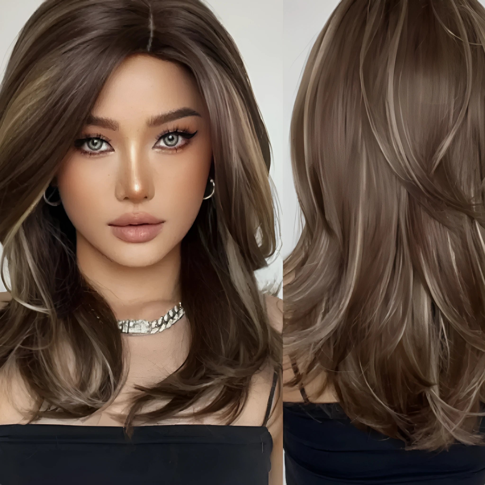 Mid-length platinum gradient synthetic wig with long curly hair and full bangs