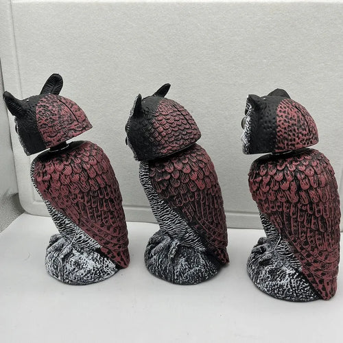 Artificial owl bird scarer ornament with motion features for outdoor garden pest control