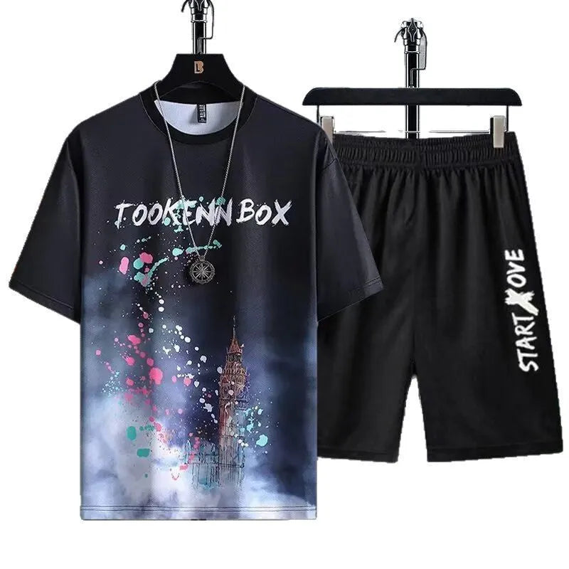 Men's light grey summer shorts suit set consisting of a short-sleeve T-shirt and matching shorts on a hanger.