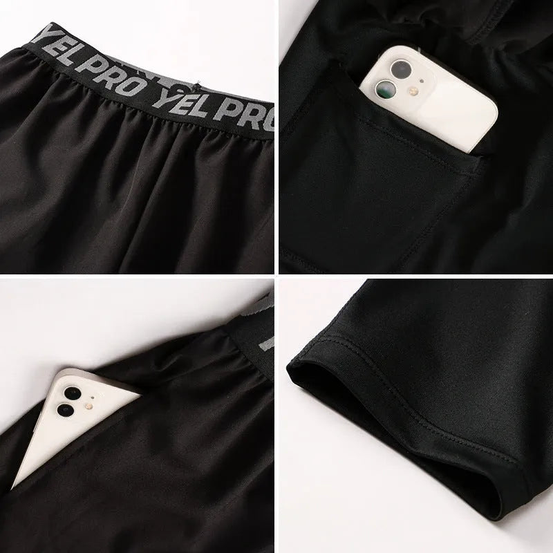 Men's tight fitness pants in grey polyester spandex fabric, shown in a running pose.