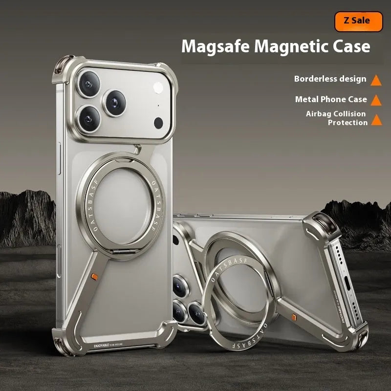 Black electroplated metal iPhone 17 Pro Max case with magnetic bracket visible on back