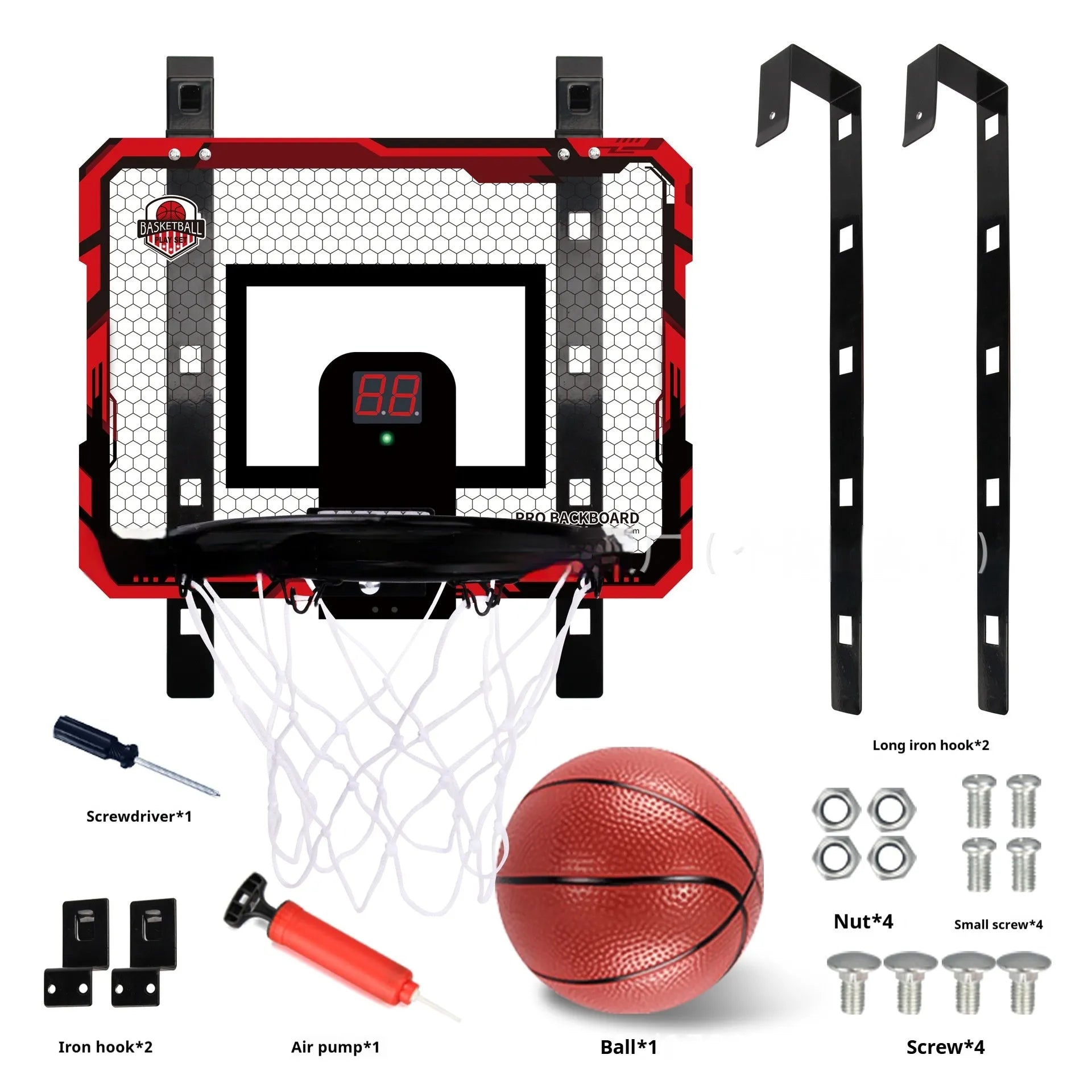 Red foldable indoor basketball hoop with suction cup mount showing dunk scoring and ball rack functions