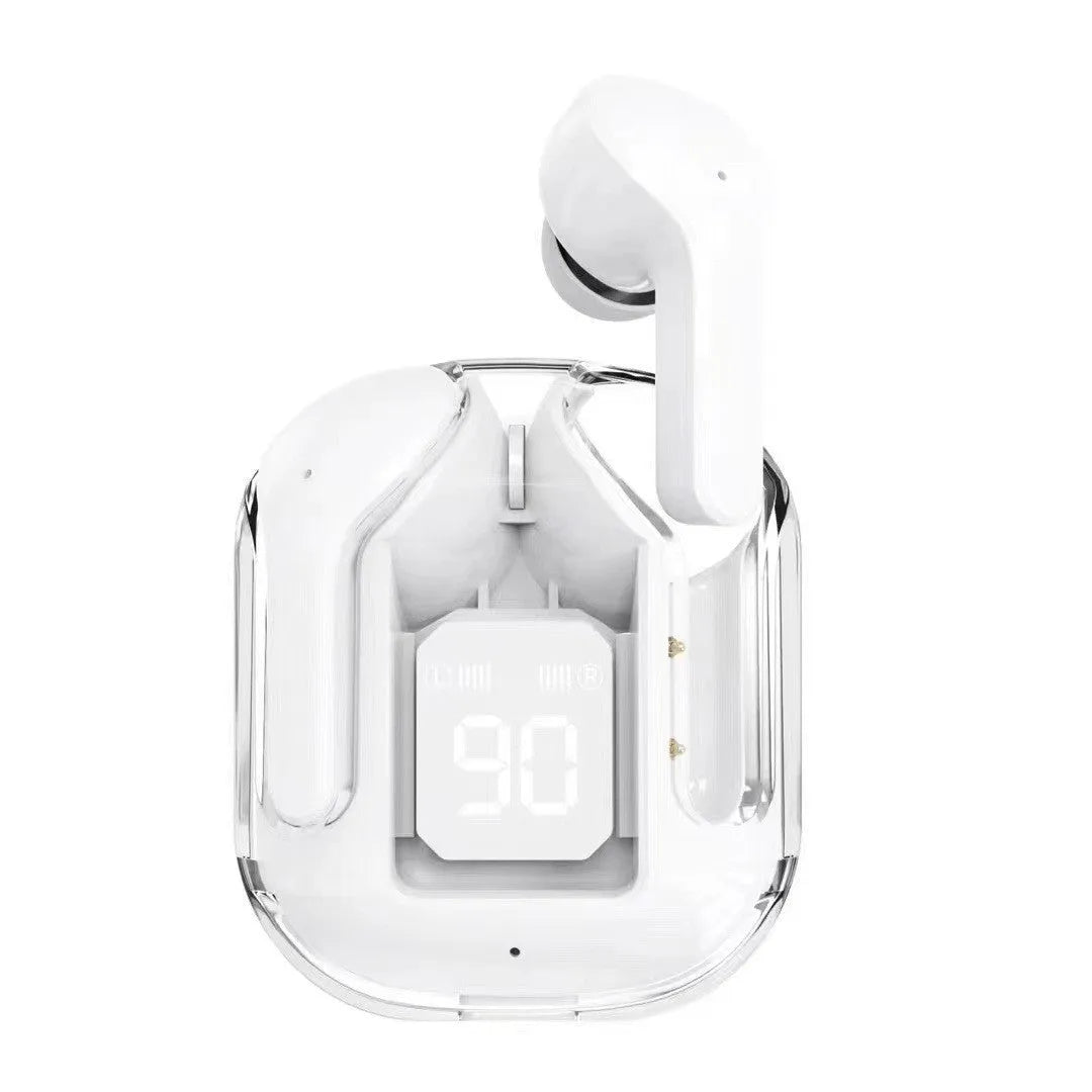Transparent space capsule case containing true wireless Bluetooth earbuds with digital display screen