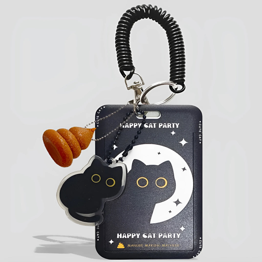 Cute black cat cartoon plastic card holder with retractable clip and ferrule pendant.