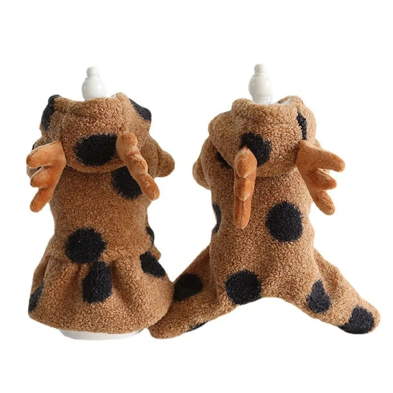 Dog or cat wearing polka dot elk couple clothing in skirt or four-leg style.