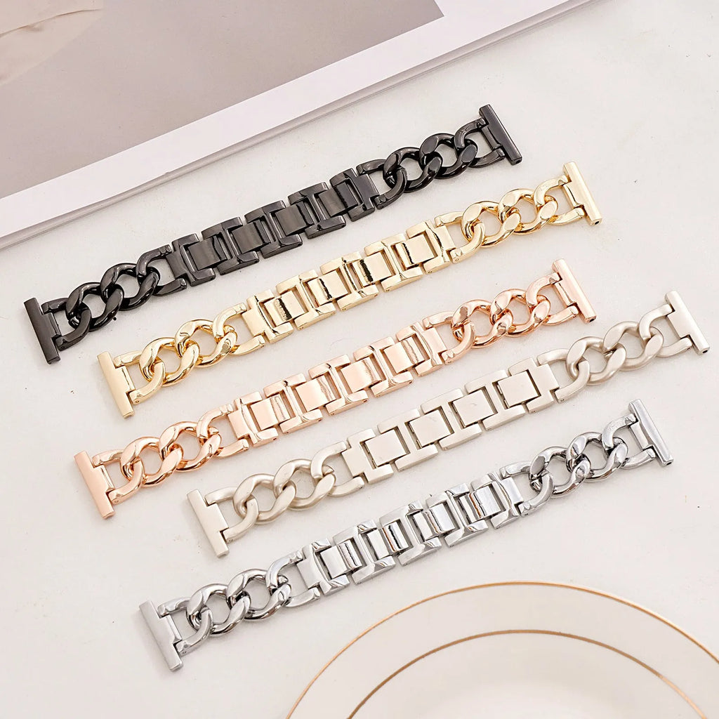 Denim-style cuff metal chain link Apple Watch replacement strap in silver, black, gold, rose gold, starlight.