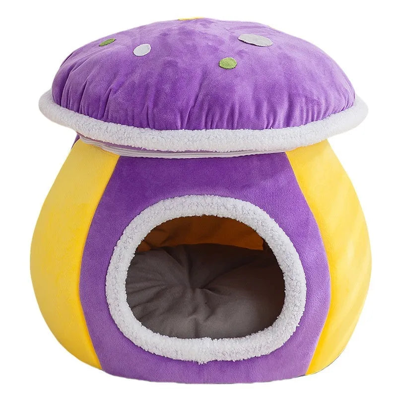 Purple mushroom-shaped plush cat nest bed for pets on a wooden floor
