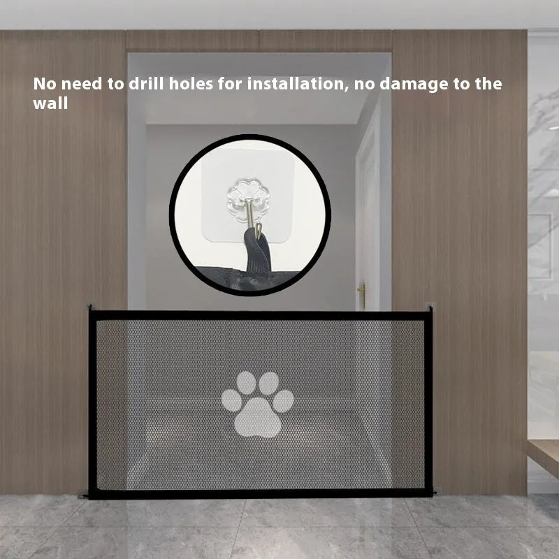 Folding dog barrier fence showing black dog footprint design on white background