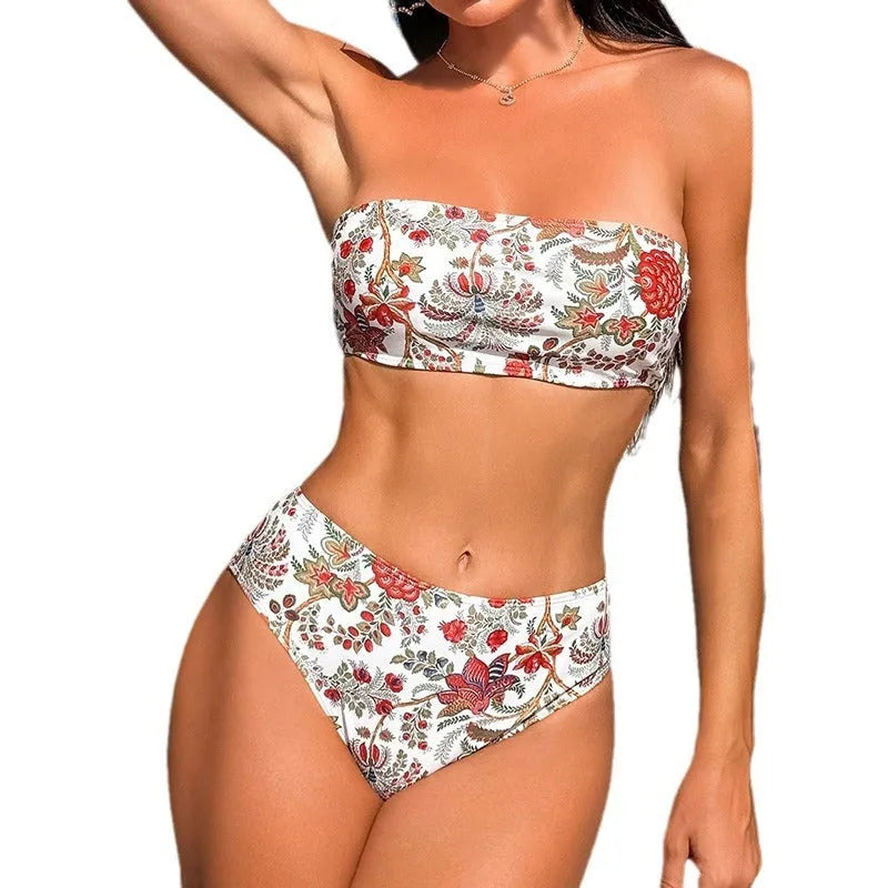 Women's printed bandeau swimsuit and matching shorts set on mannequin