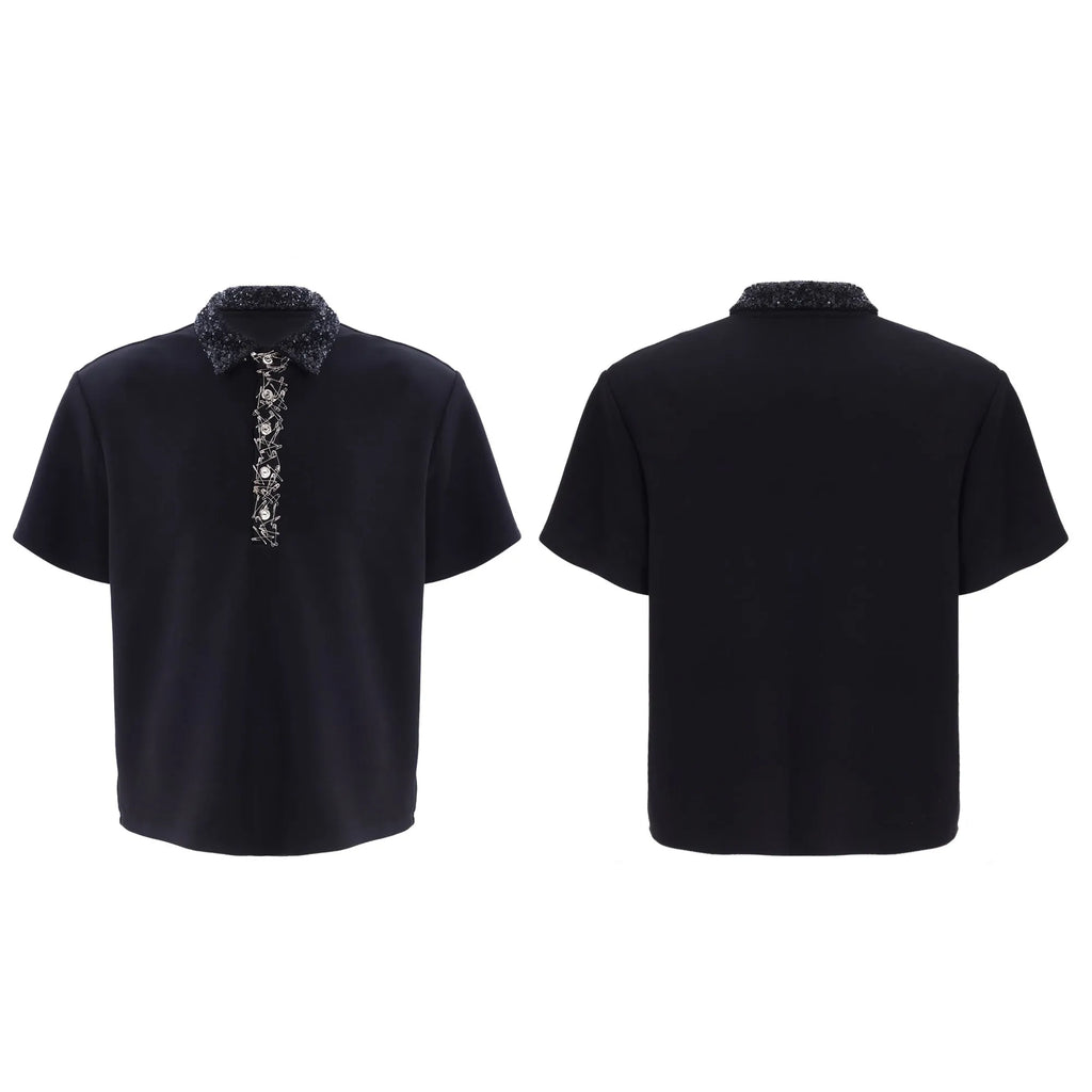 Men's black loose fit polo shirt with square collar and heavy embroidery sequin pattern on chest