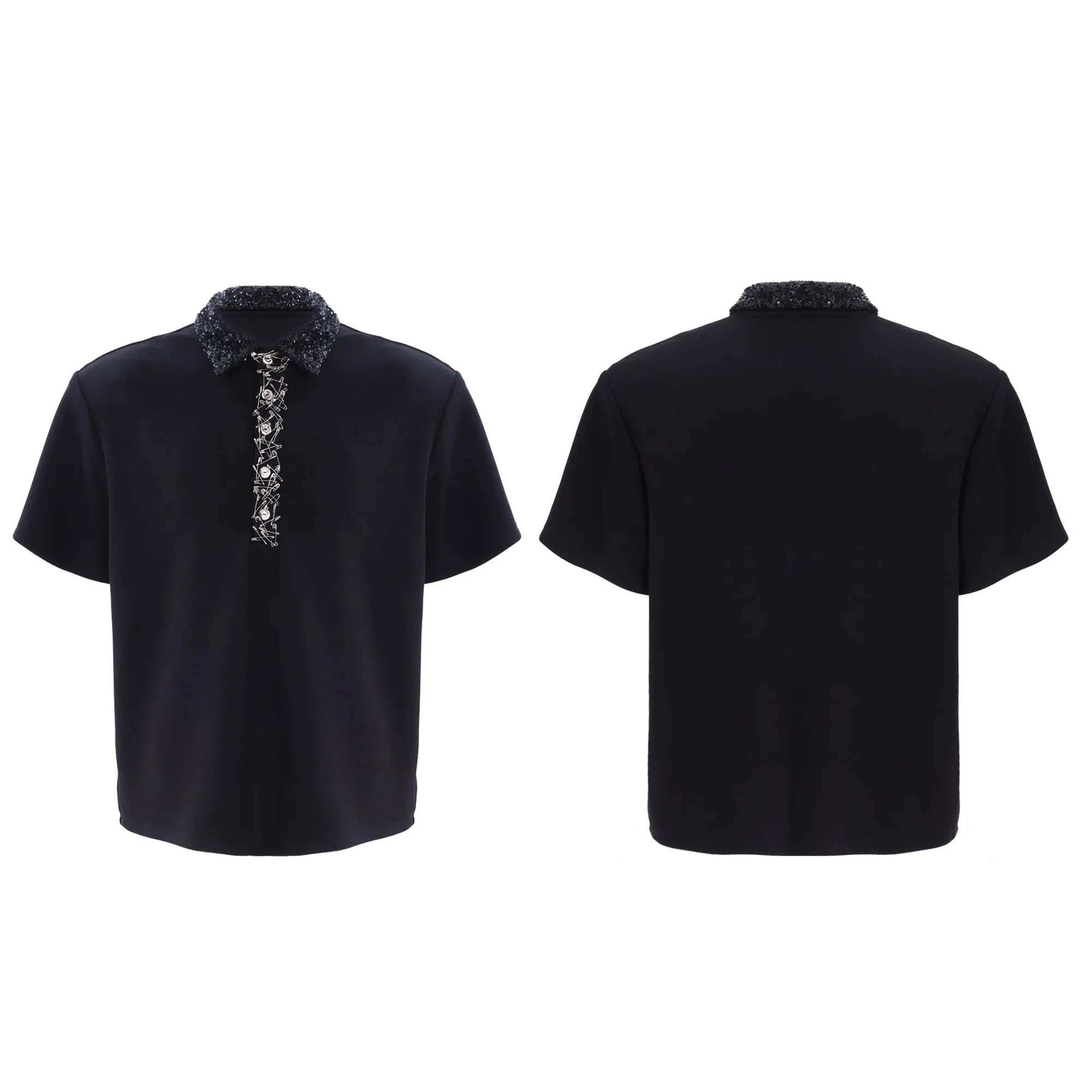 Men's black loose fit polo shirt with square collar and heavy embroidery sequin pattern on chest