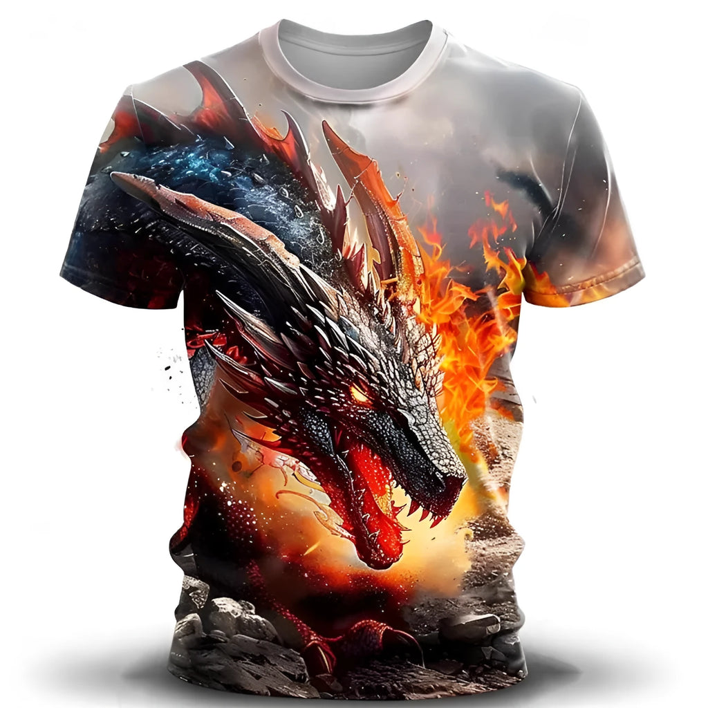 Men's grey T-shirt with a large blue 3D wind dragon print across the chest, short sleeves.