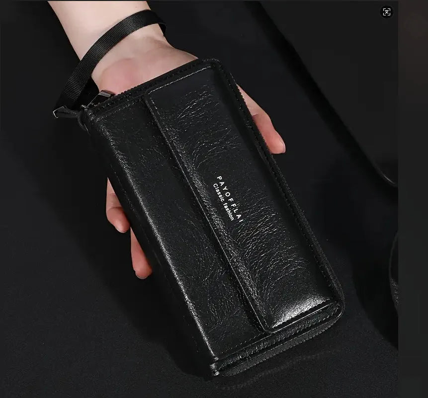 Men's black PU leather long wallet with multiple card slots, shown with dimensions.