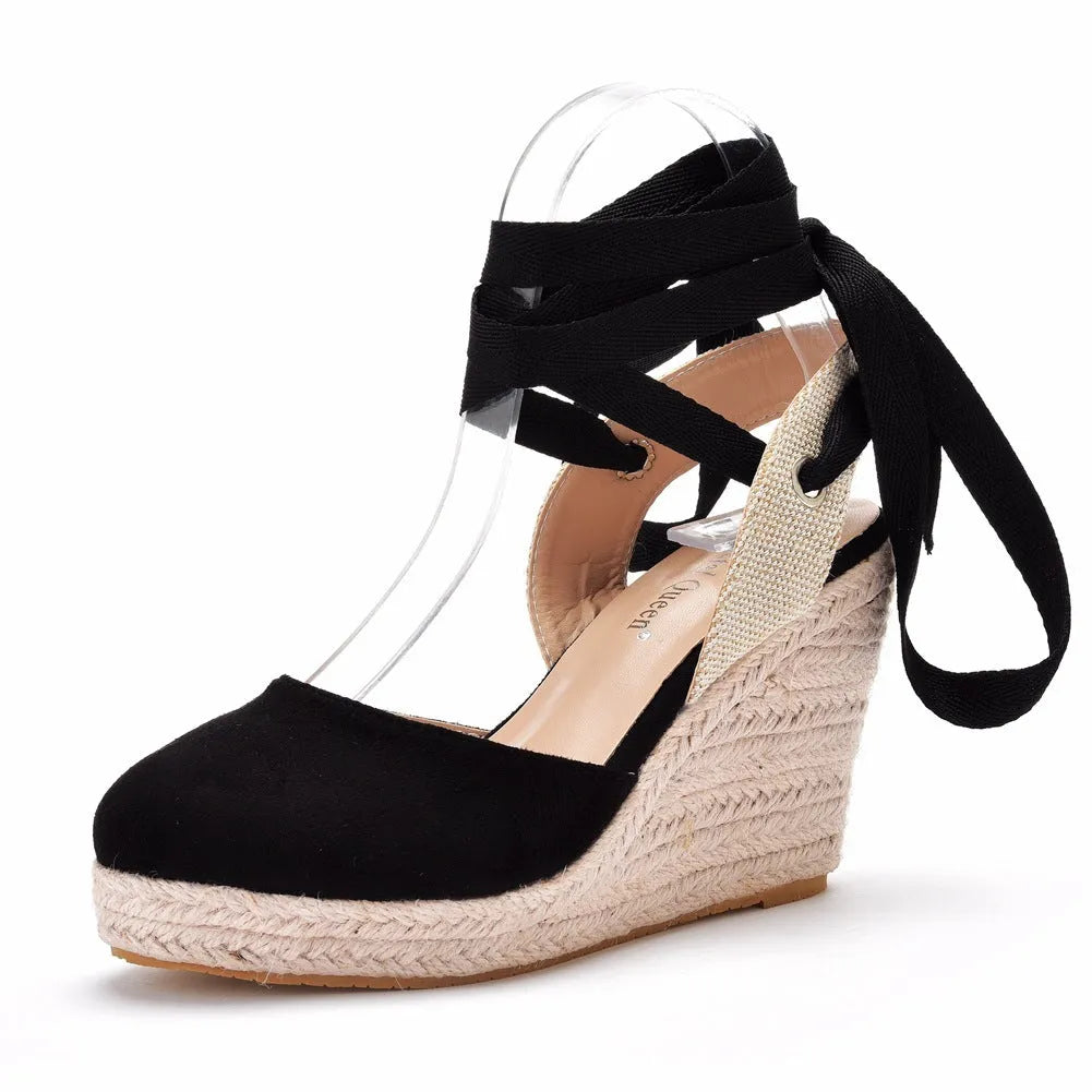 Women's apricot bohemian wedge sandals with beaded tassels and a buckle strap on a 10.5cm heel.