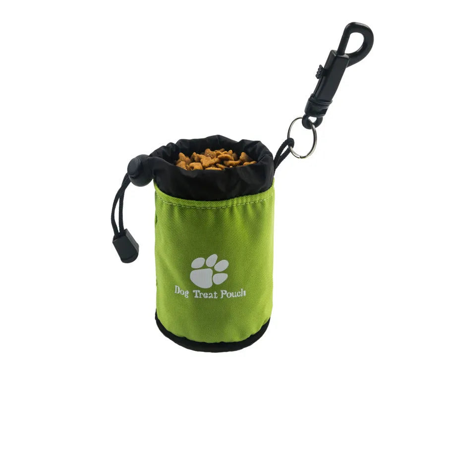 Mini pet snack training bag in blue Nylon with a dog food pack.