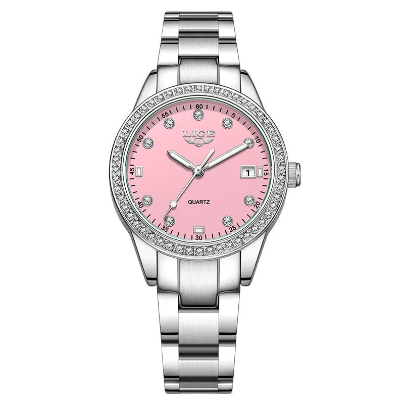 Women's silver fashion watch with diamond bezel, luminous hands and round dial