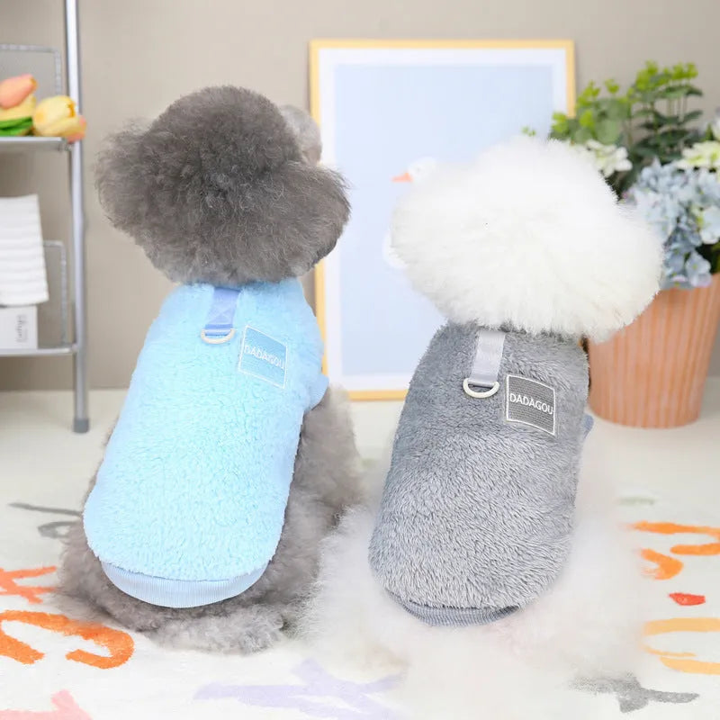 Coral fleece pet jacket with colourful pull rings in blue colour option