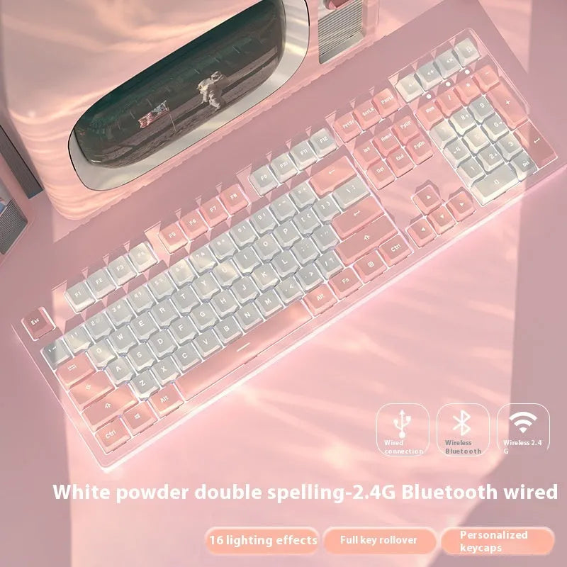 Triple-mode mechanical keyboard in various colour options showing 87-key and 108-key layouts
