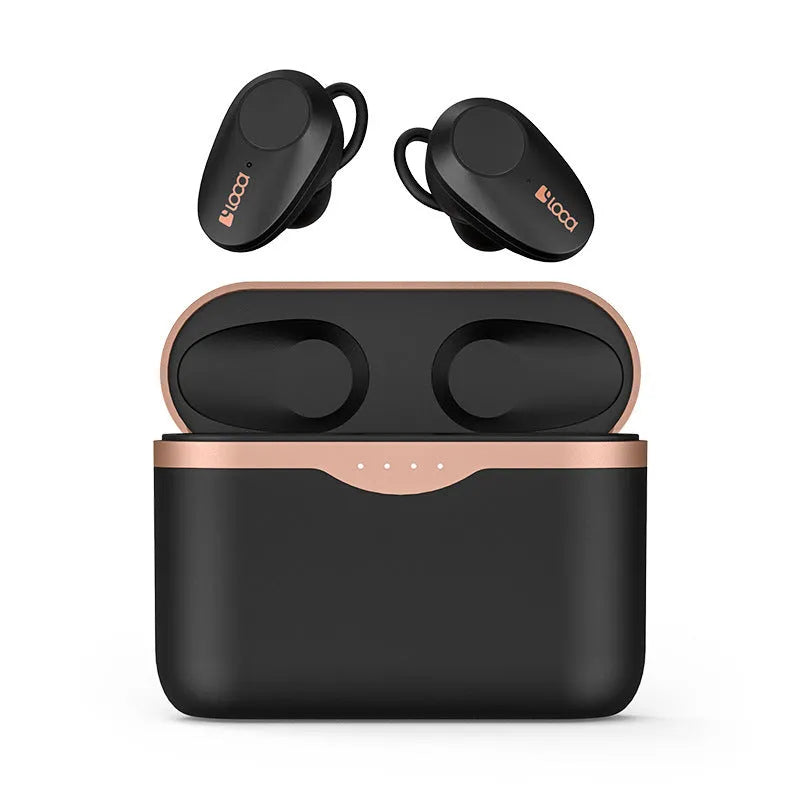 Black wireless Bluetooth headset with earpieces and charging stand, featuring ANC noise reduction.