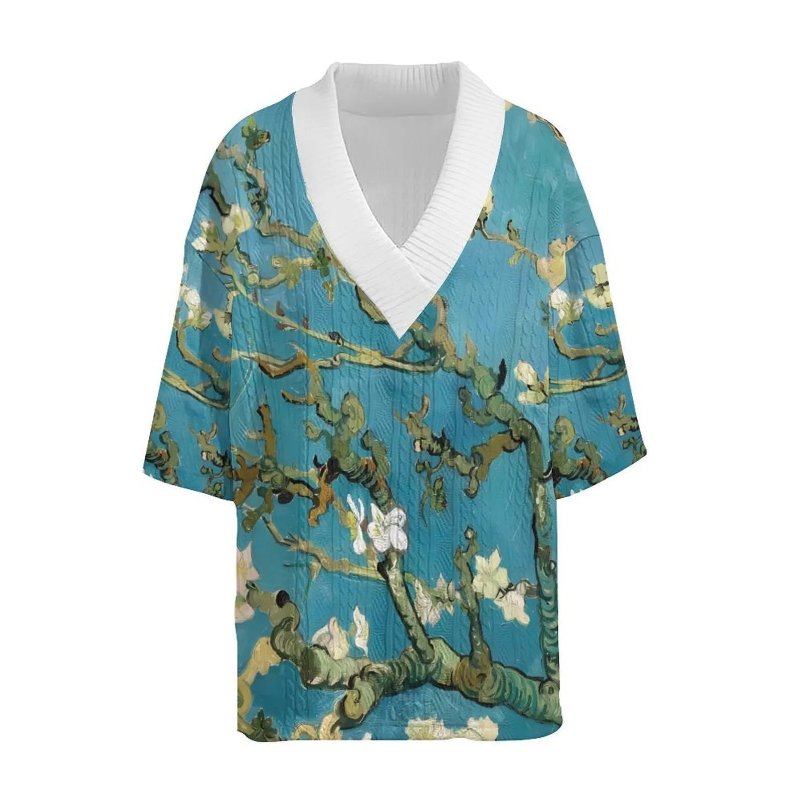 Men's peacock blue knitted shorts suit with 3D printed pattern, T-shirt jacket, and mid-length trousers