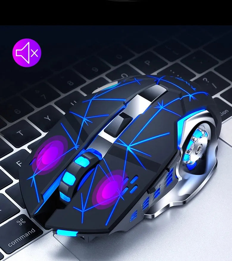 Black and white wireless computer mouse with USB-C charging port and six buttons