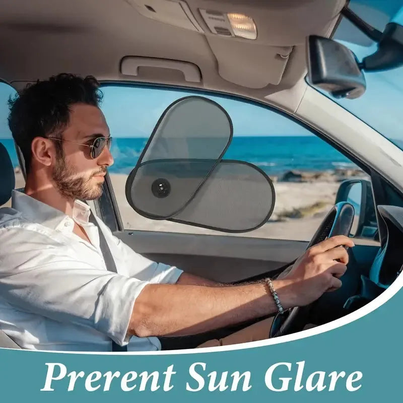 Black breathable car window shades stretched across a car side window with suction cup attachments