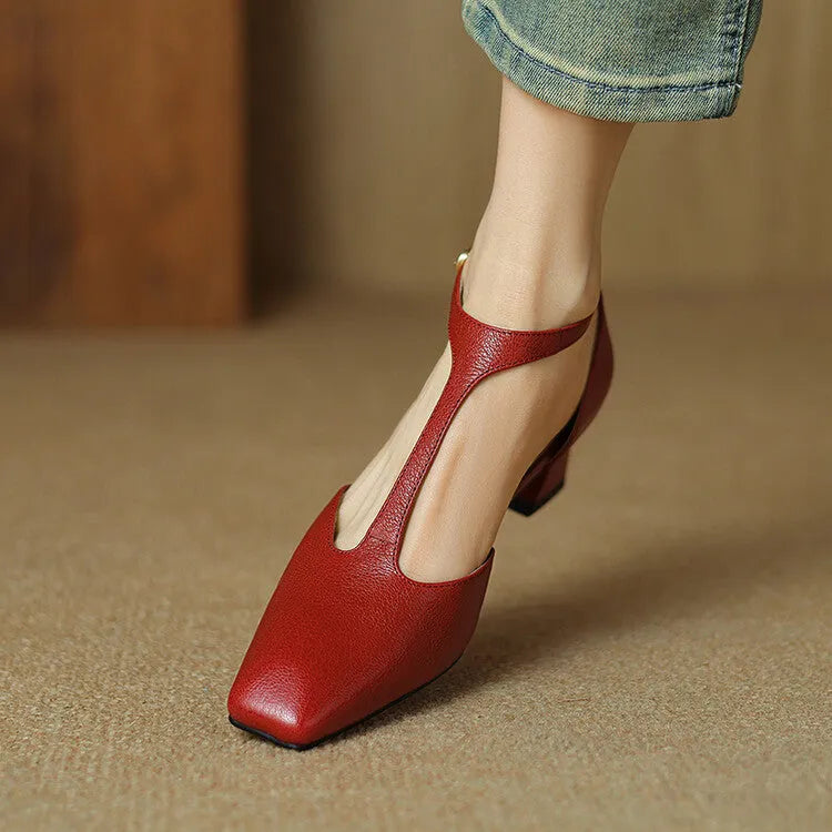 French retro square toe chunky heel sheepskin leather shoes in red colour
