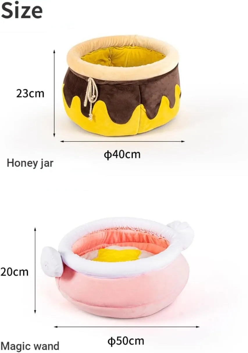 Pink honey pot-shaped cat sofa bed with magic wand decoration and a removable nest pad.
