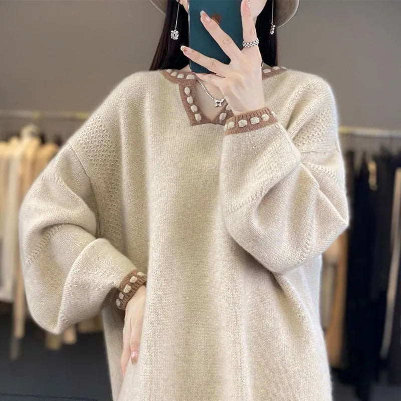 Women's v-neck viscose fibre sweater in camel colour with regular long sleeves