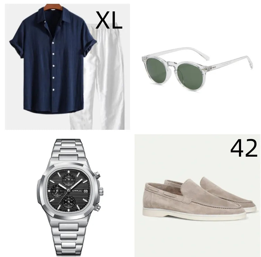 Men's casual cotton linen beachwear set with short sleeve shirt, matching shorts, and accessories including glasses, shoes, and watch